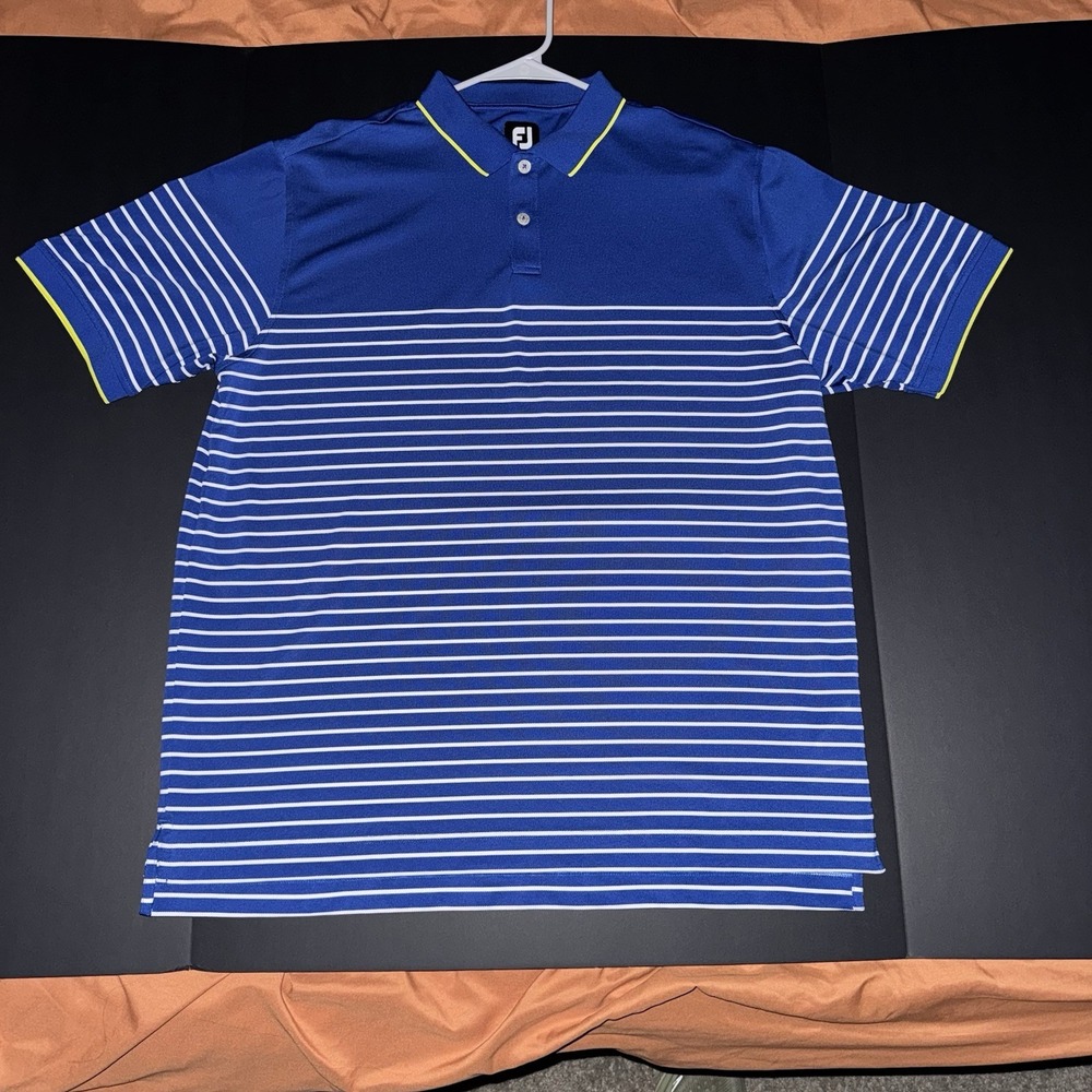 Men's XL FootJoy Blue White Striped Performance Golf Polo Short Sleeve